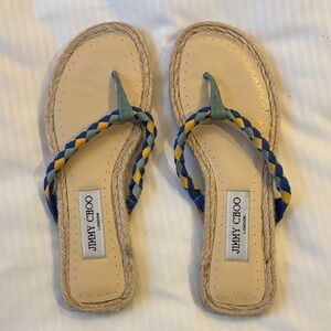 JIMMY CHOO BRAIDED FLAT ESPADRILLES SANDALS BLUE YELLOW GREEN LEATHER SIZE 6.5